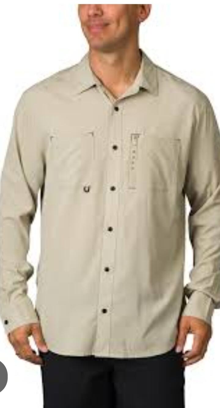 M1305) Reef Men Khaki Tobias 2-Pocket Tech Long Sleeve Utility Woven Shirt L